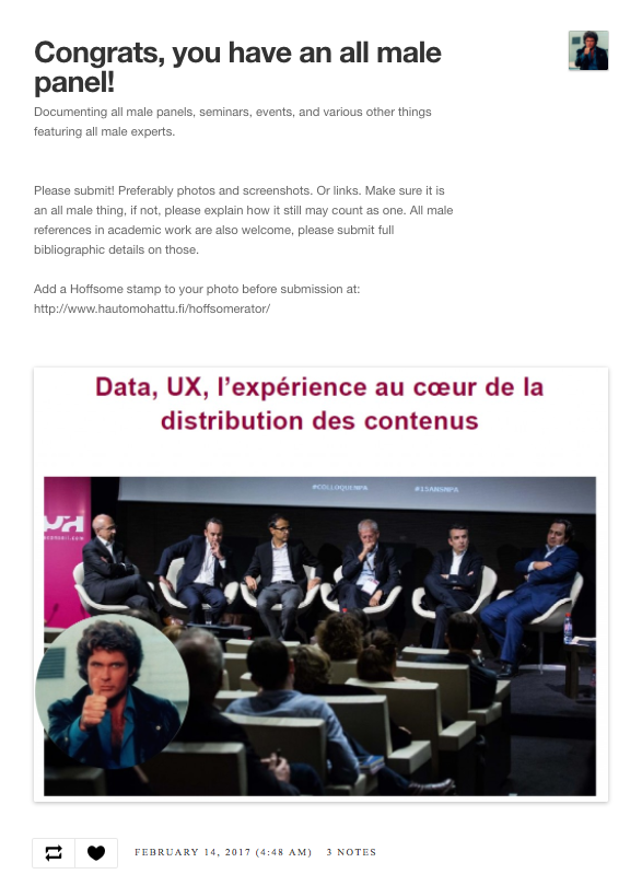 Ausschließlich männlich besetzte Diskussionsrunden nimmt das Blog All male Panels auf die Schippe