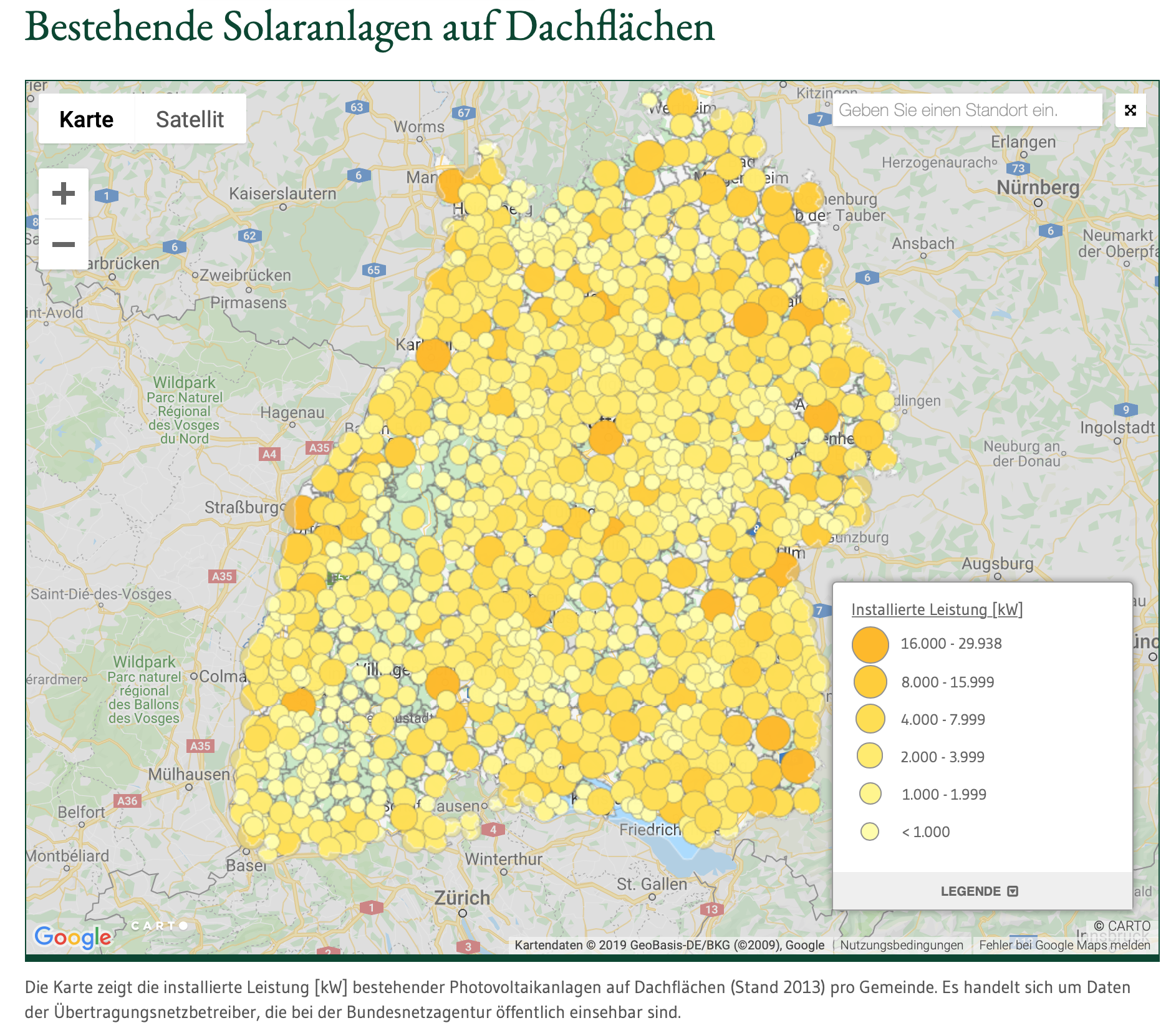 Bestehende Solaranlagen auf Dachflächen in Baden-Württemberg